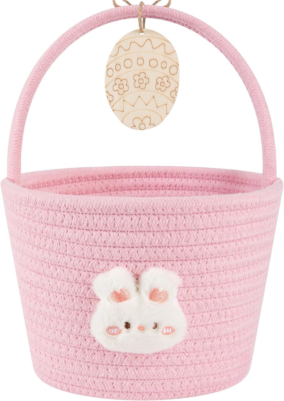 Personalized Bunny Easter Basket with Handle – Woven Rope Gift Basket for Kids, Baby Egg Hunt & Holiday Treasures – Pink